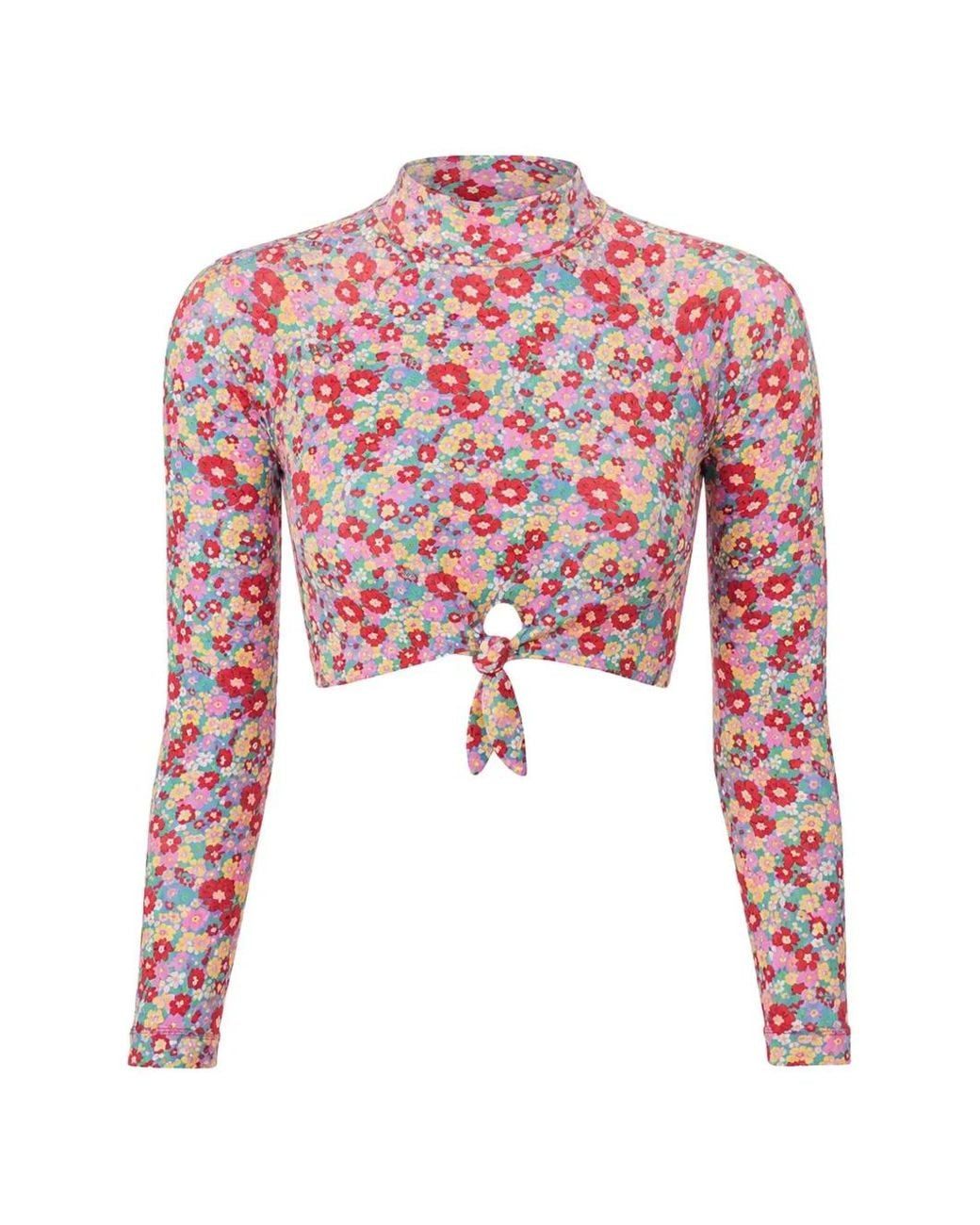 Rip Curl Red Floral-Print Tie-Detail Rash Guard