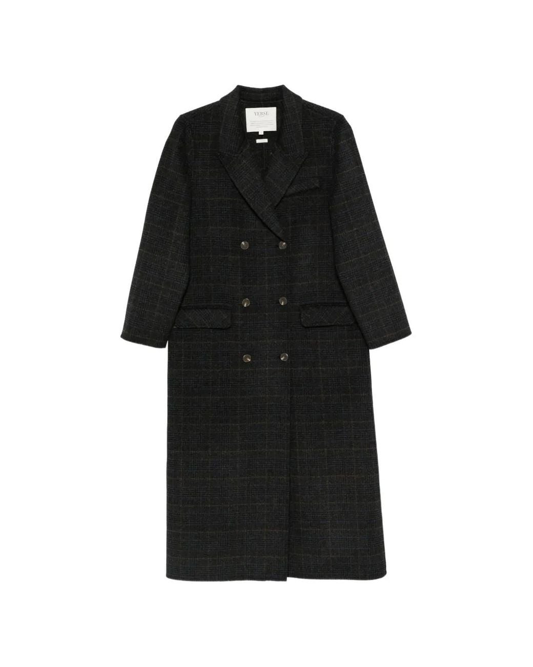 Yerse Black Double-Breasted Checked Coat