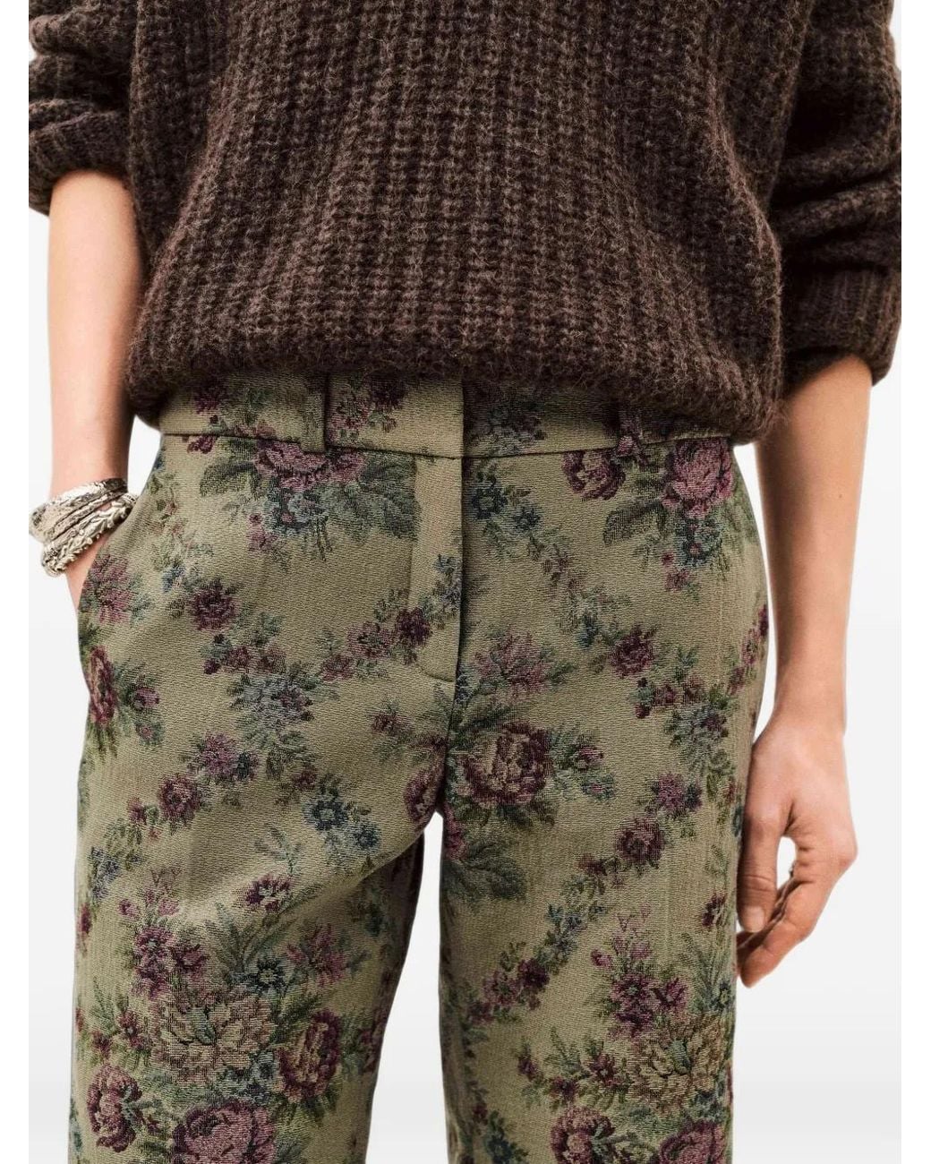 Ba&sh Green Remea Floral-Print Jacquard Trousers