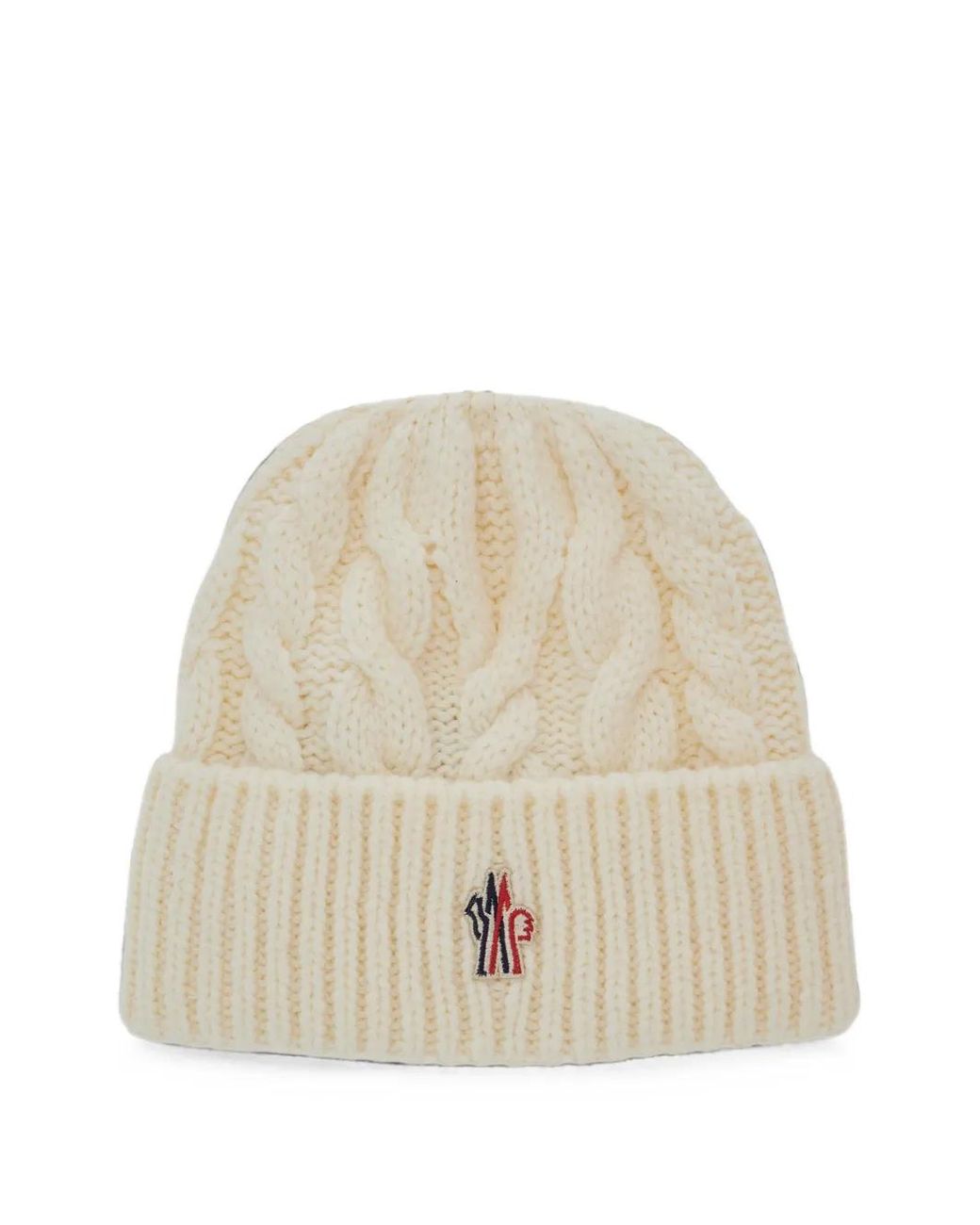 Moncler Natural Cable-Knit Logo-Patch Beanie Hat