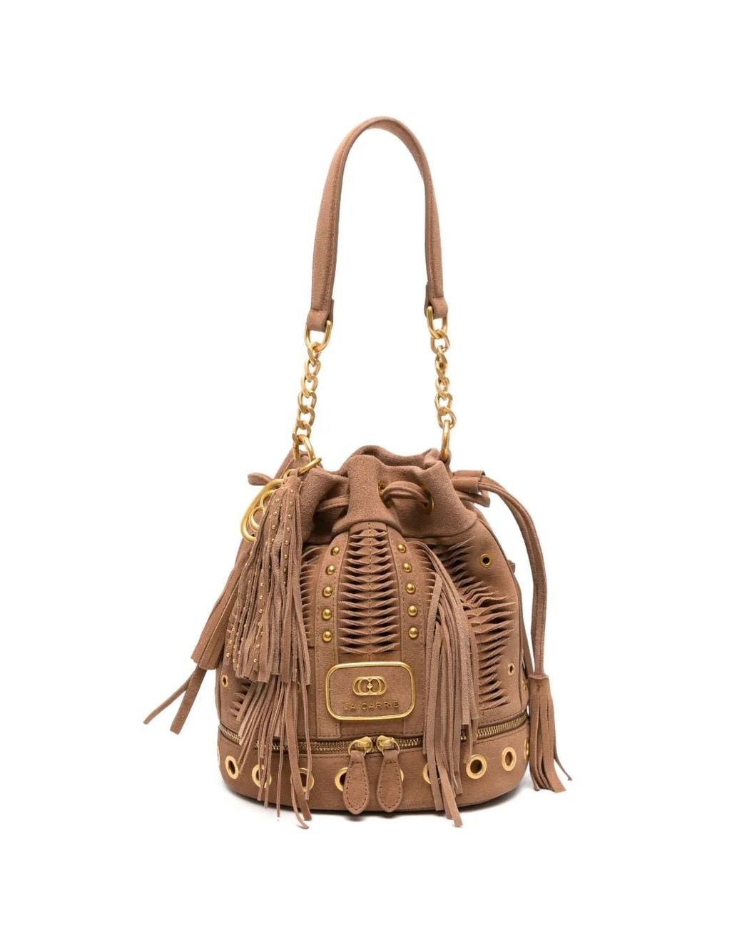 La Carrie Natural Apallosa Fringed Stud-Embellished Bucket Bag