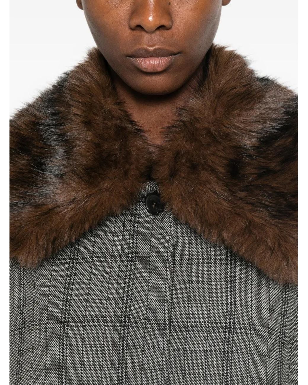 Tela Gray Check Faux-Fur Collar Coat