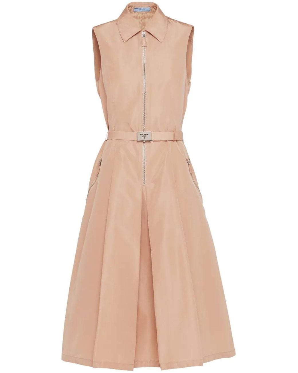 Prada Natural Faille Belted-Waist Midi Dress