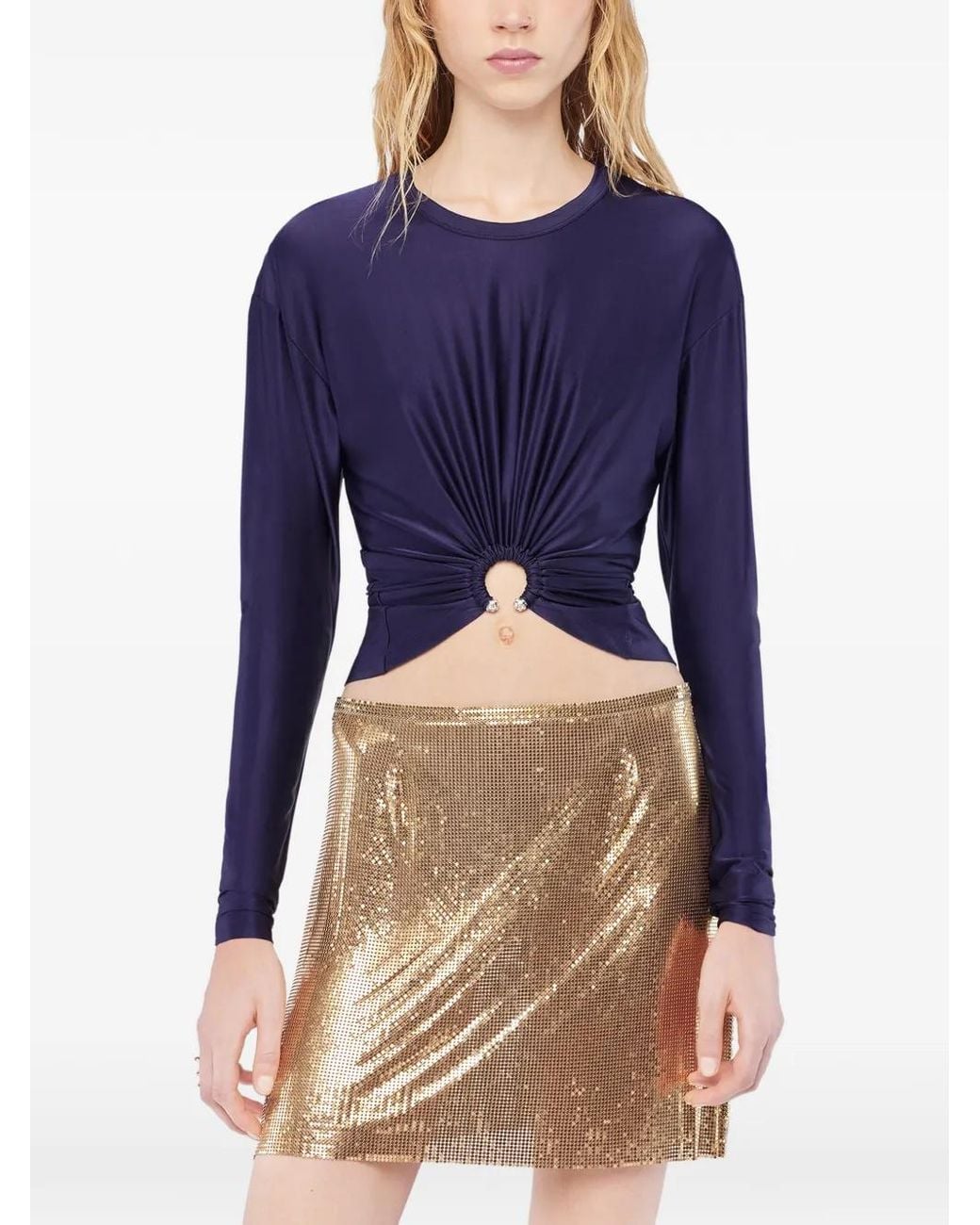 Rabanne Blue Long-Sleeve Piercing-Detail Top
