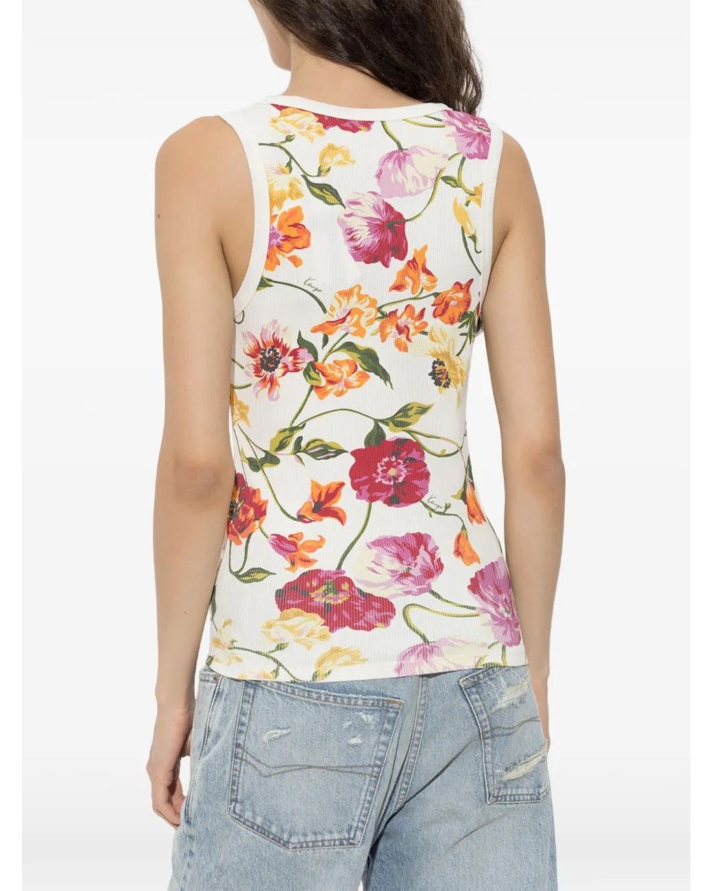 KENZO White Wildflower Floral-Motif Ribbed Top