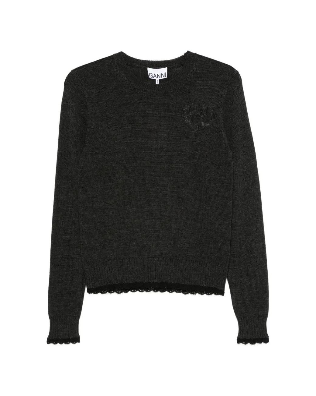Ganni Black Wool Cotton Crewneck