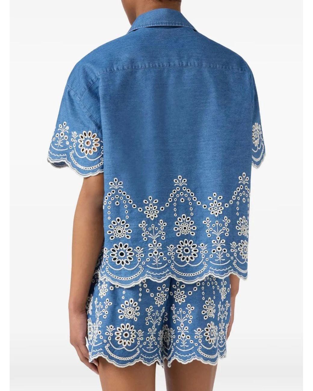 Mc2 Saint Barth Blue Clementine Chambray Shirt With Floral Embroidery