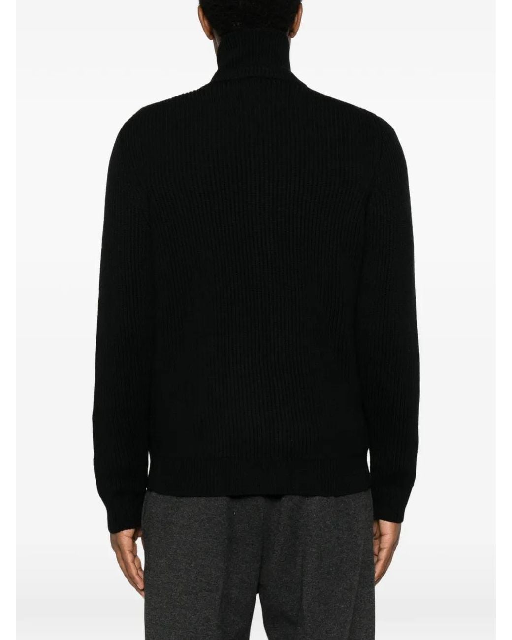 LUIGI GENTILE Black Ribbed-Knit Zip-Up Cardigan for men