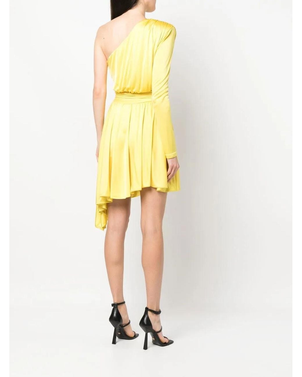 Philipp Plein Yellow Pleated One-Shoulder Dress