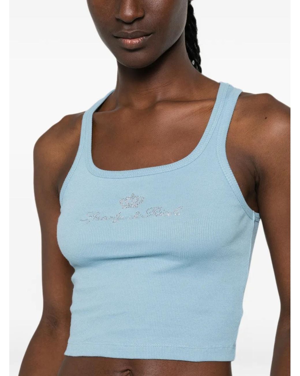 Sporty & Rich Blue Juicy Rhinestone-Logo Ribbed Tank Top
