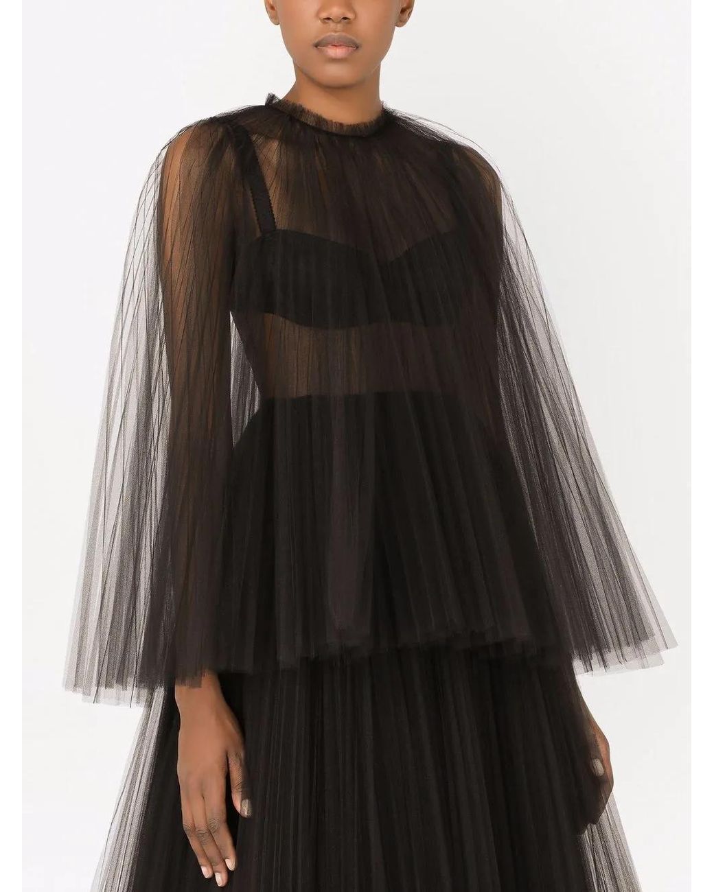 Dolce & Gabbana Black Cape-Detail Tulle Midi Dress