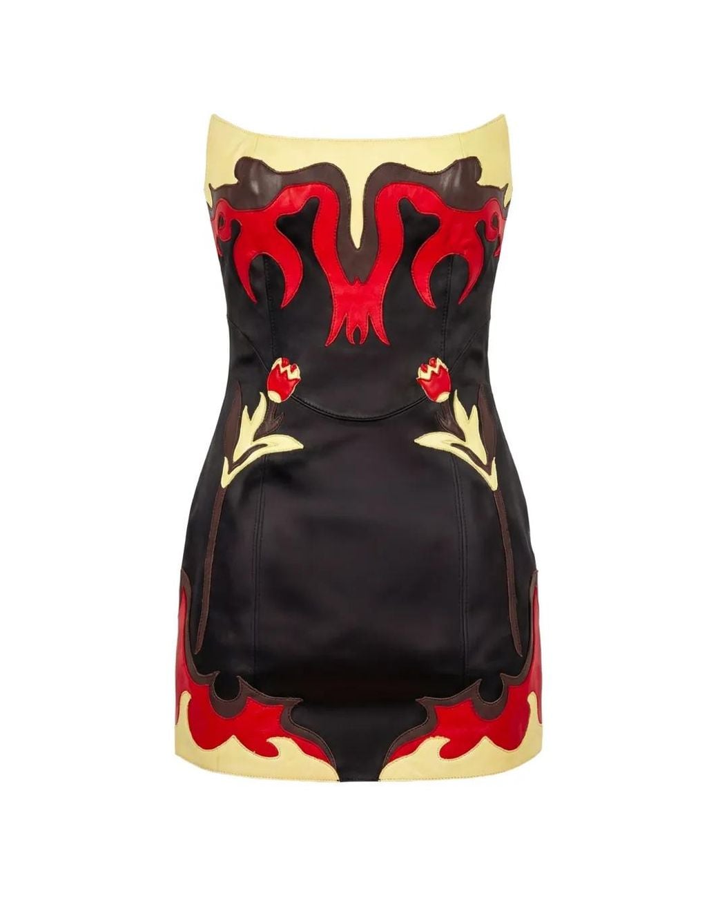 MARINE SERRE Red Leather Bustier Mini Dress With Floral Patches