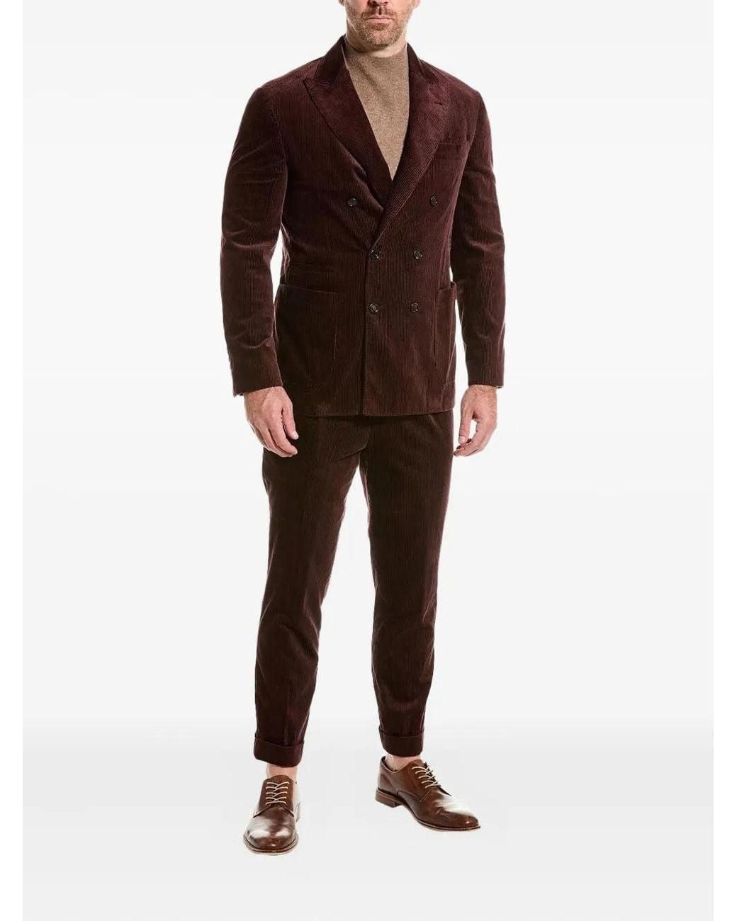 Brunello Cucinelli Brown Corduroy Double-Breasted Suit for men