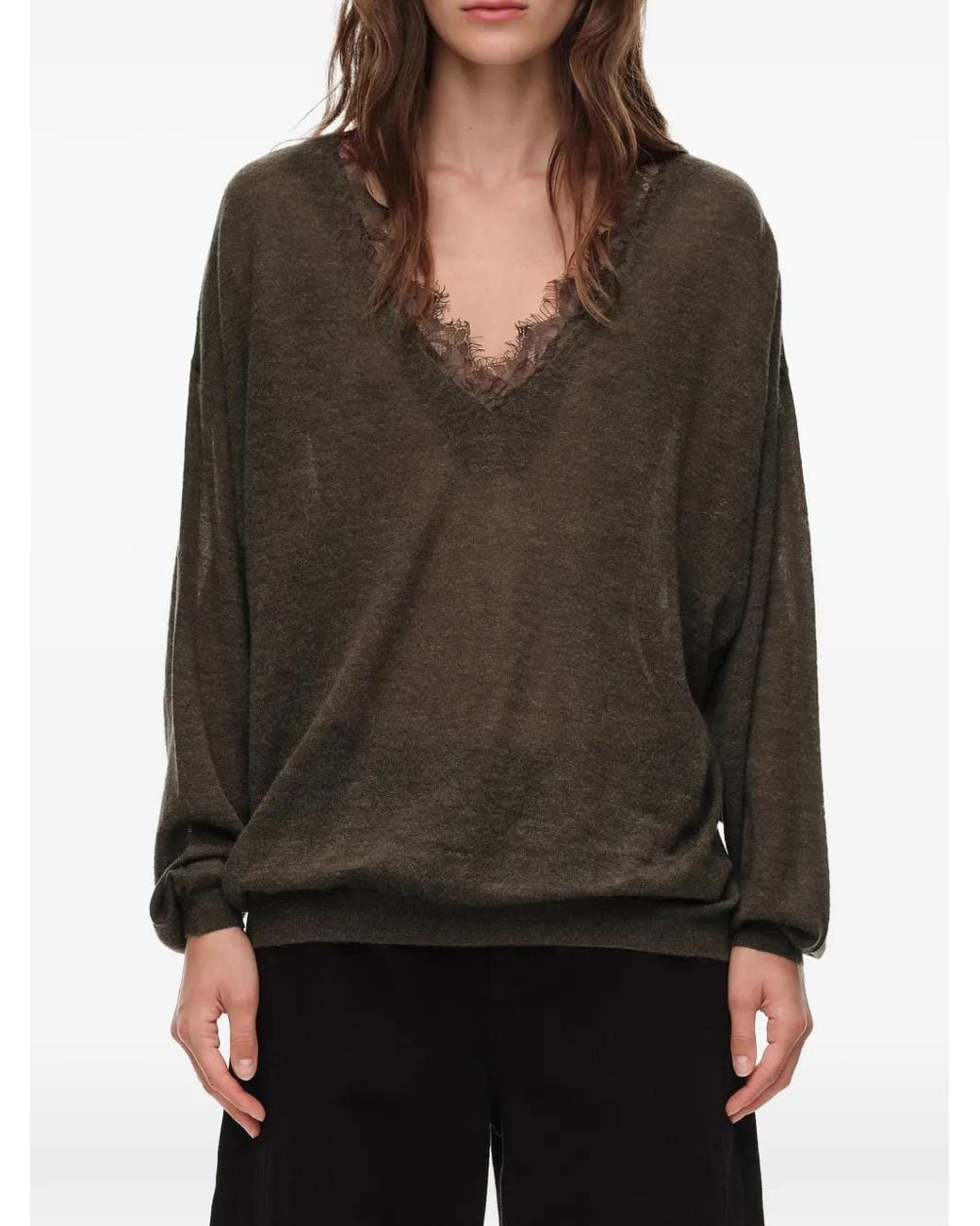 Bimba Y Lola Brown Long Chocolate Wool And Lace Sweater