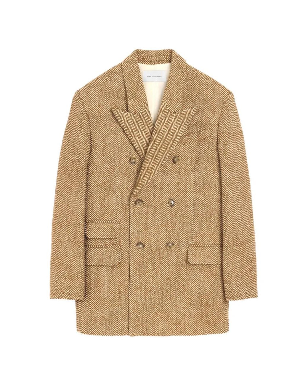 AMI Natural Double Breasted Herringbone Wool Blazer