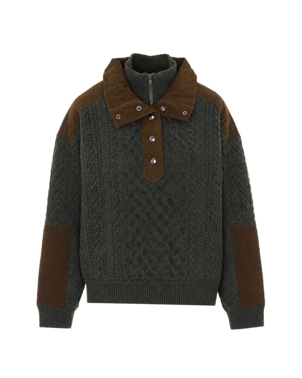 Sea Green Cable-Knit Corduroy-Trim Sweater