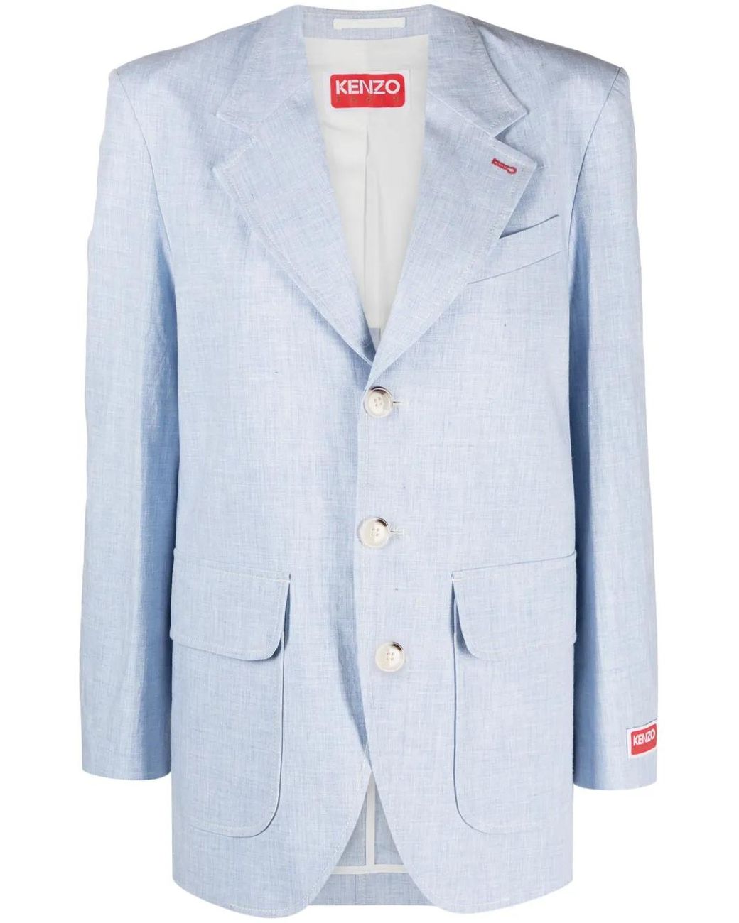 KENZO Blue Logo-Patch Buttoned Linen Blazer