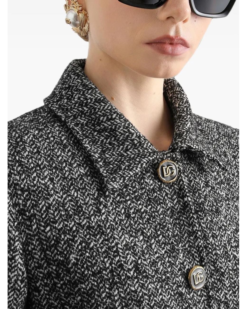 Dolce & Gabbana Gray Herringbone-Pattern Belted Single-Breasted Coat