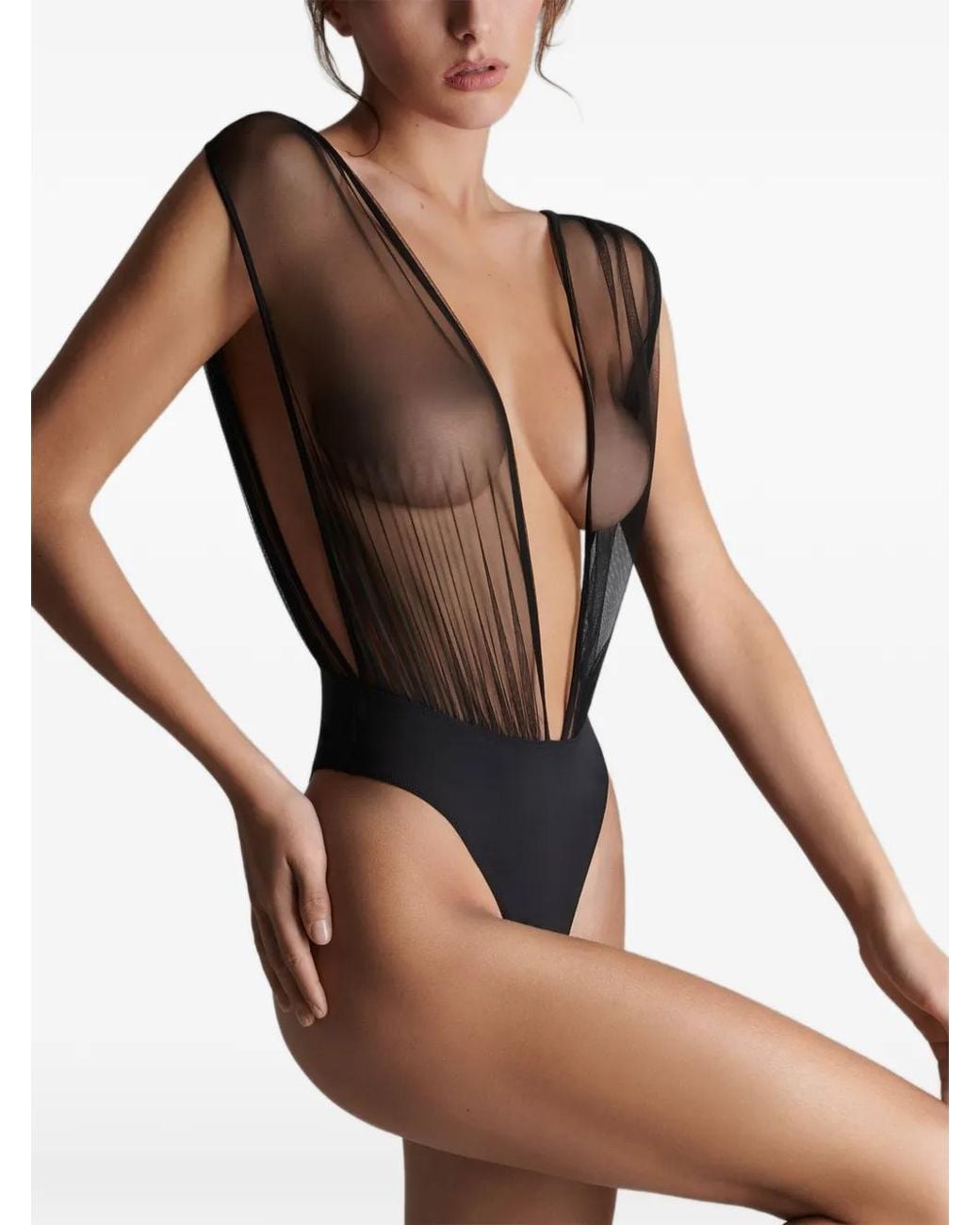 Scandale Gray Nuit Fauve Pleated Tulle Bodysuit