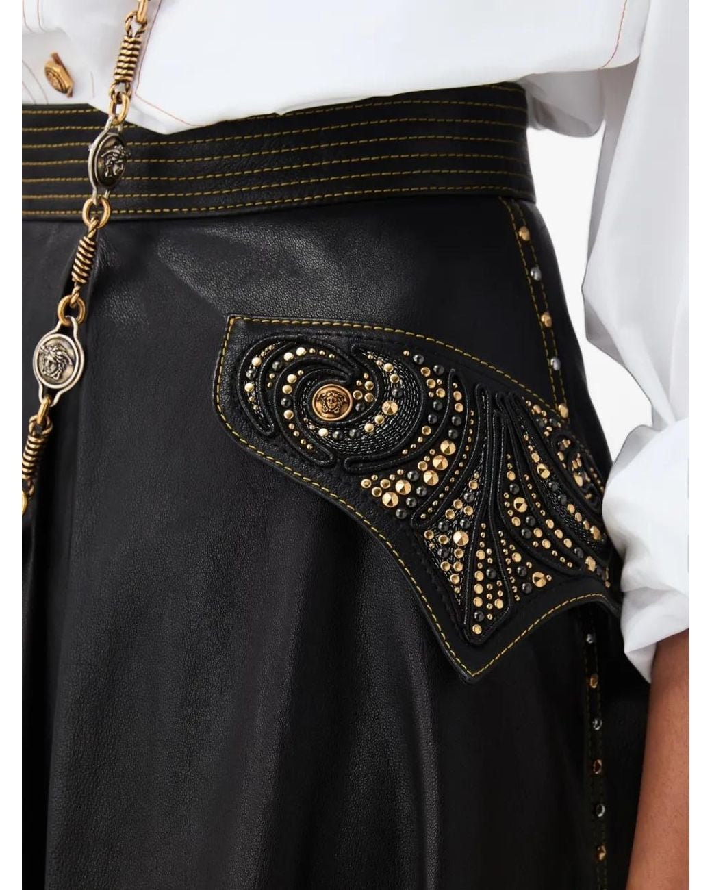 Versace Black Studded Leather Midi Skirt