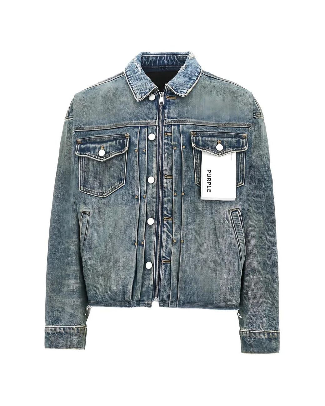 Purple Brand Blue Reflective Selvedge Distressed Studded Denim Jacket for men