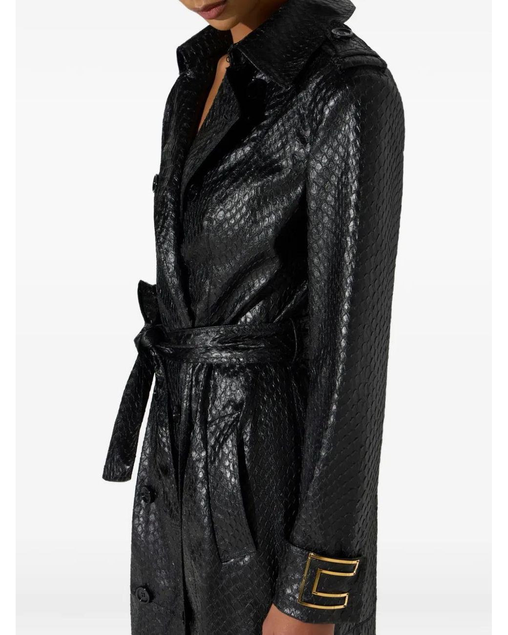 Elisabetta Franchi Black Scale-Texture Trench Coat