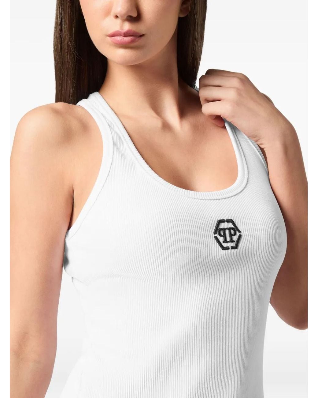Philipp Plein White Ribbed Tank Top Hexagon