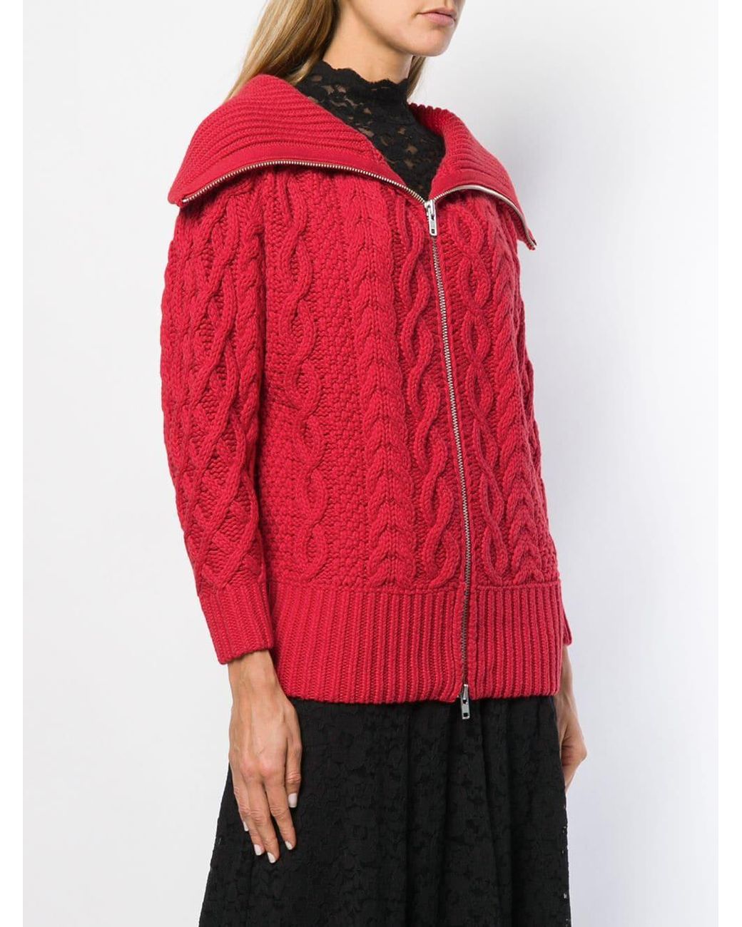 Self-Portrait Cable-knit Cardigan in Red | Lyst