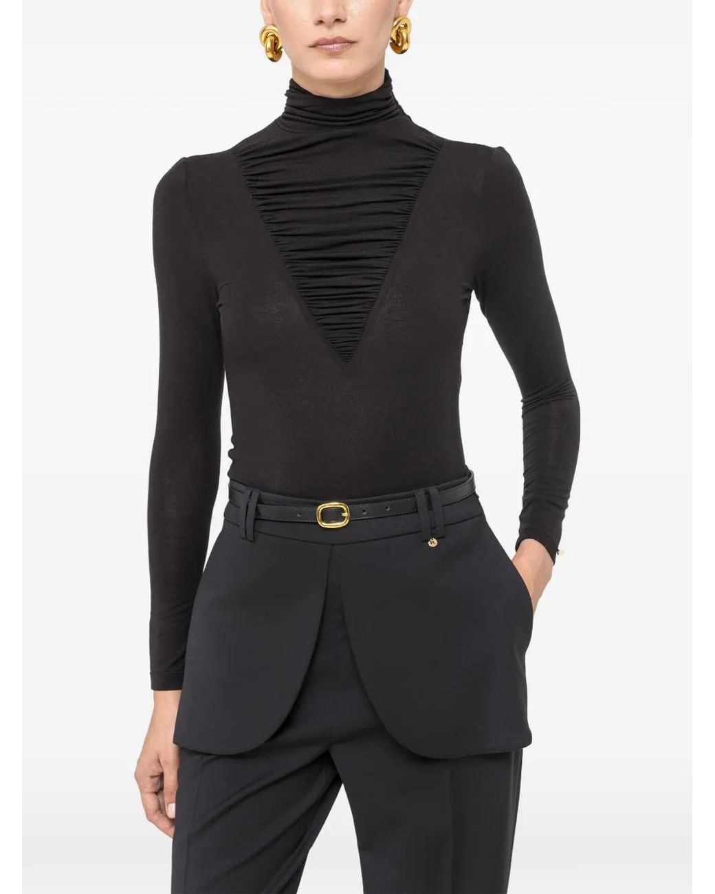 Nissa Black Lyocell Wool-Blend Turtleneck Top