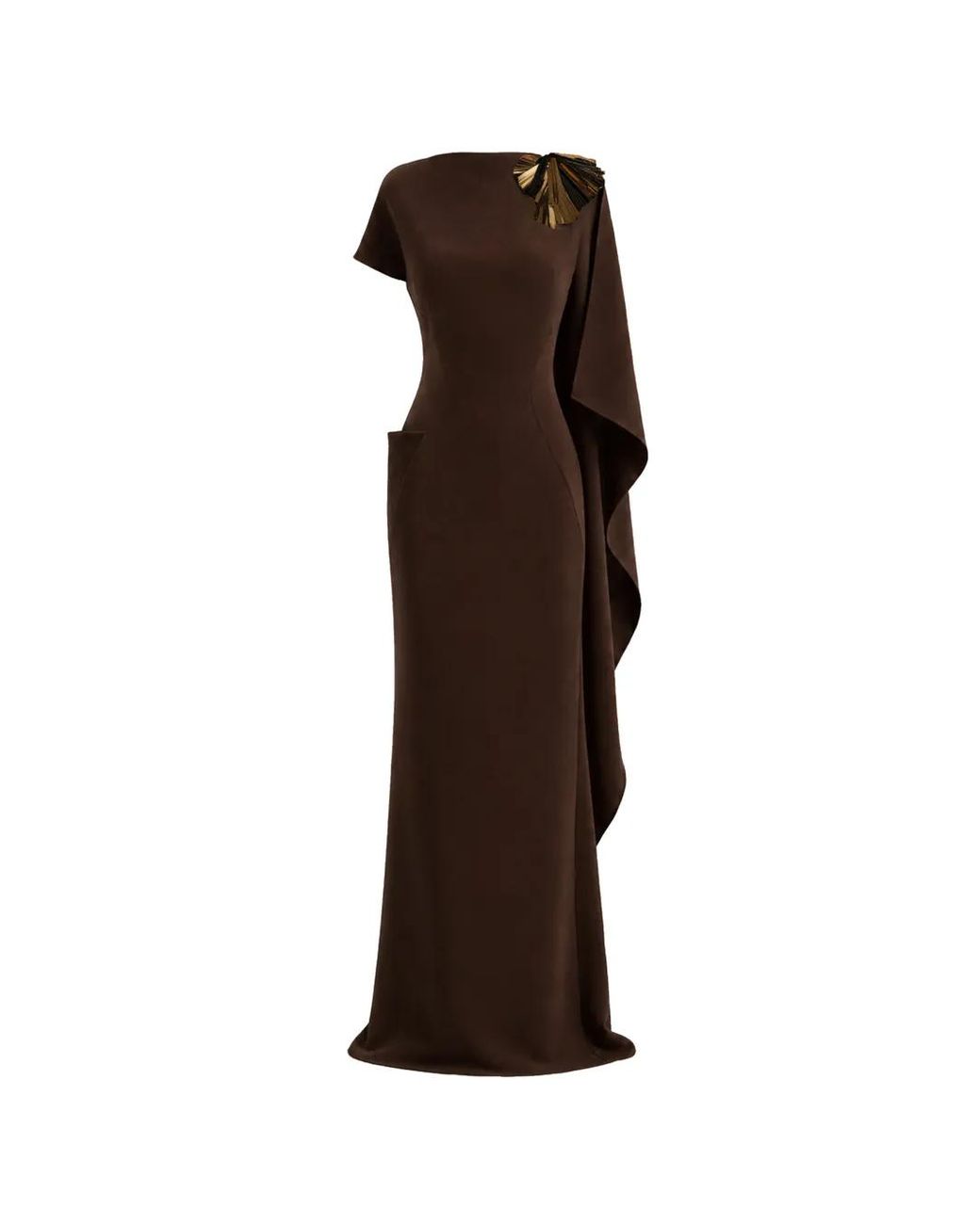 Gemy Maalouf Brown Asymmetric Cape Dress
