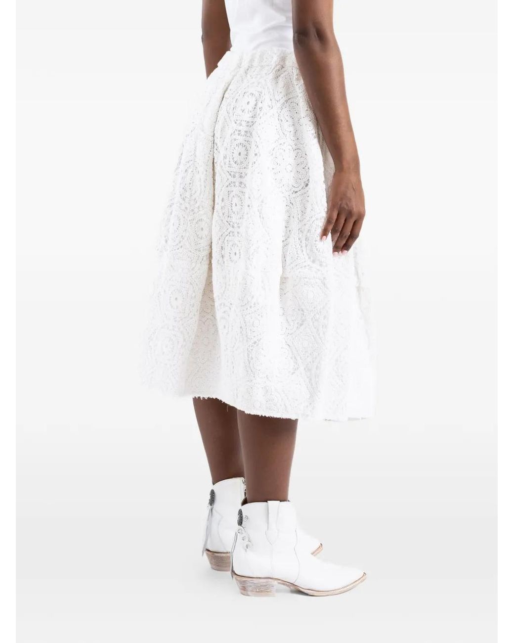 Comme des Garçons White Lace-Patterned Pleated Midi Skirt