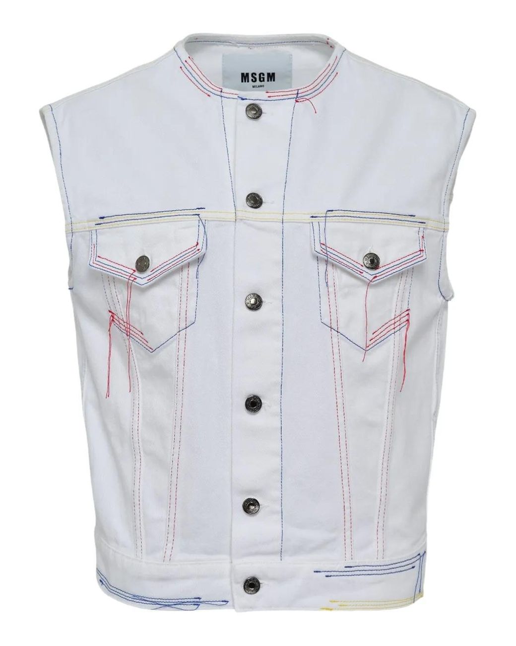 MSGM White Contrast-Stitch Denim Vest