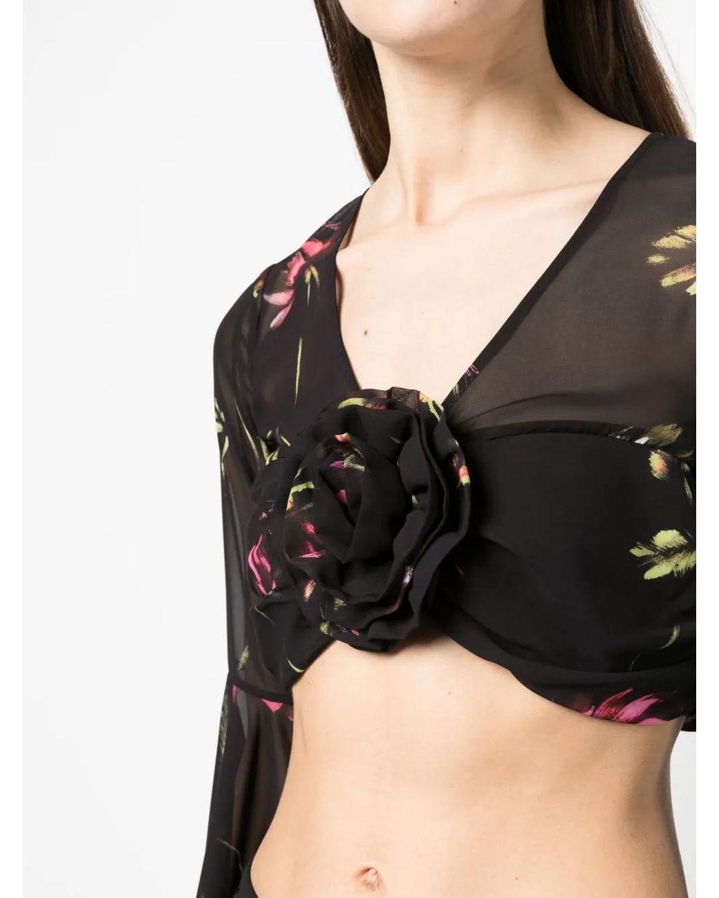 ROTATE BIRGER CHRISTENSEN Black Semi-Sheer Floral-Print Cropped Blouse