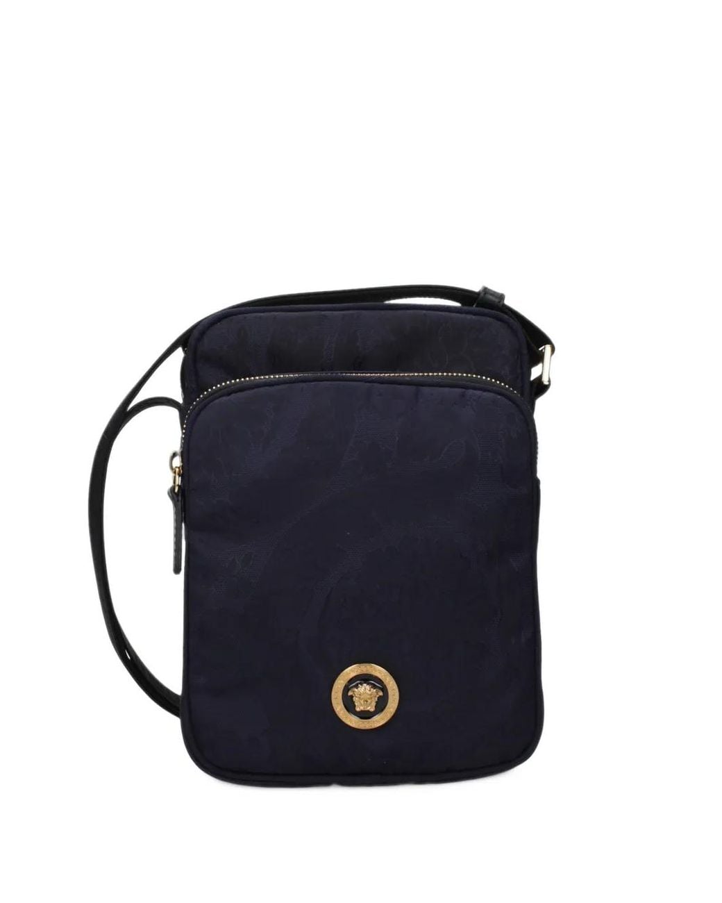 Versace Blue Barocco-Jacquard Medusa Plaque Messenger Bag for men