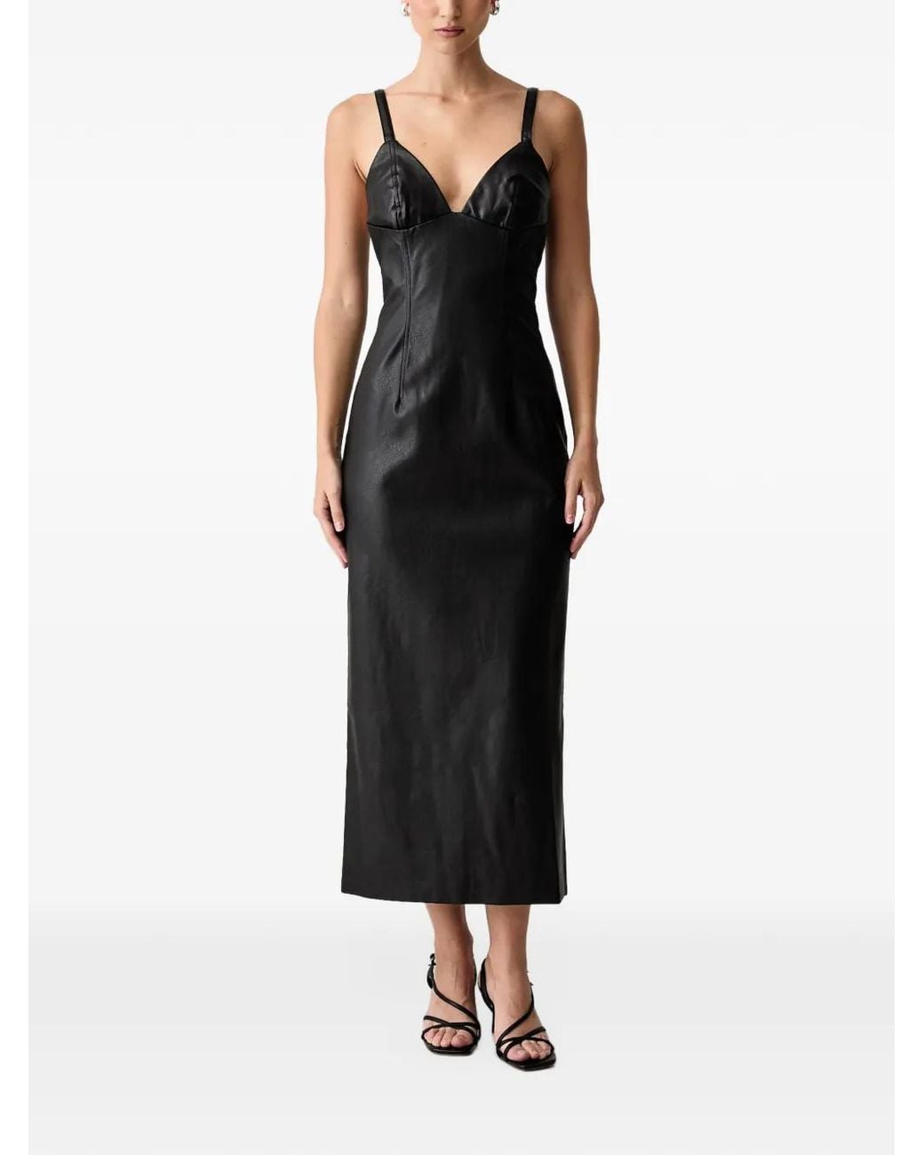 Bardot Black Estine Faux-Leather V-Neck Midi Dress