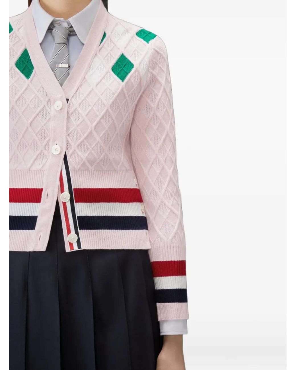 Thom Browne White Cashmere Intarsia Argyle Pointelle Shrunken Cardigan