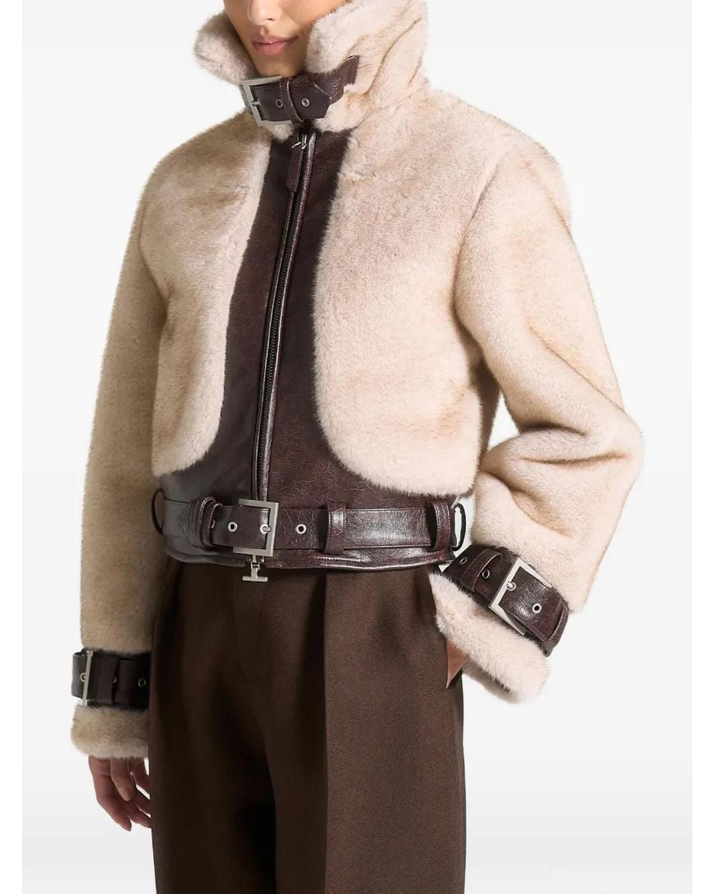 Manière De Voir Brown Deya Plush & Faux Leather Belted/ Jacket
