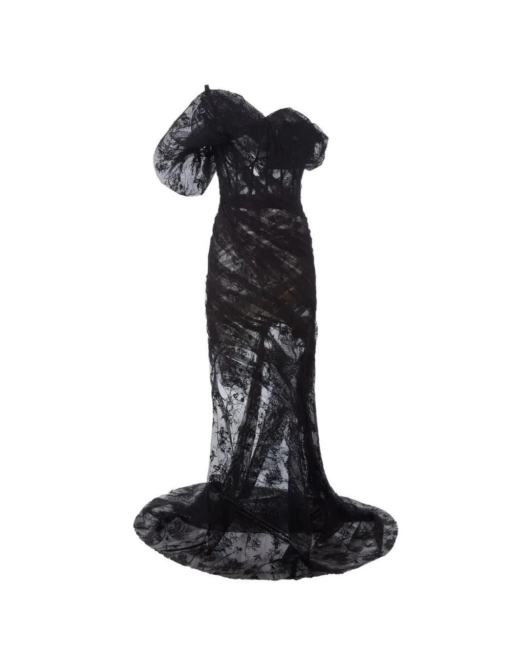 Monse Black Puff-Shoulder Lace Gown