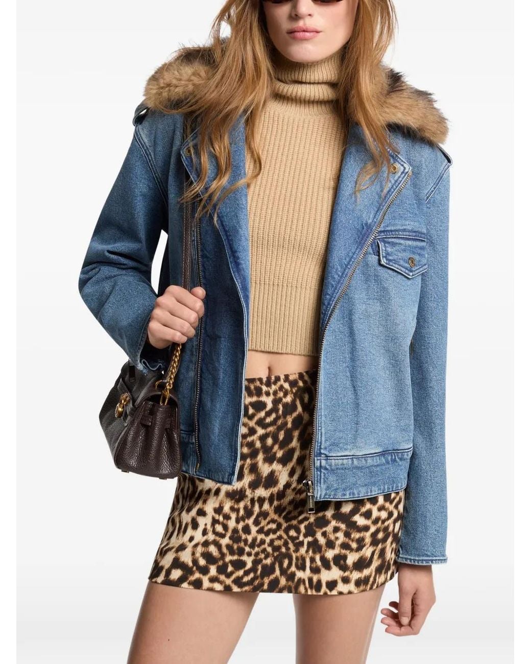 Michael Kors Blue Faux Fur Trim Denim Moto Jacket