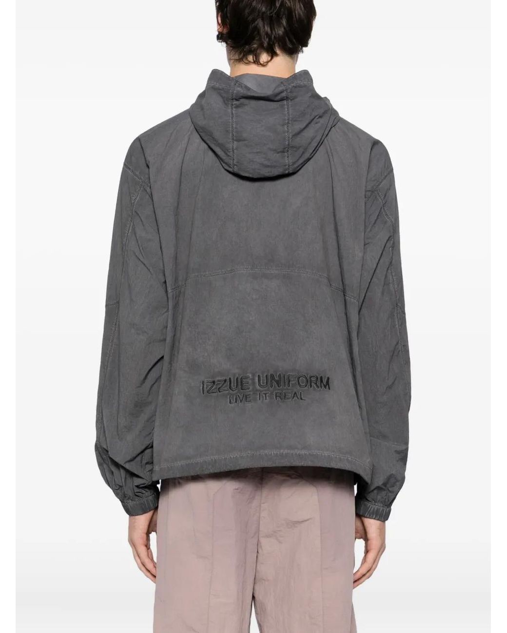 Izzue Gray Embroidered-Slogan Hooded Jacket for men
