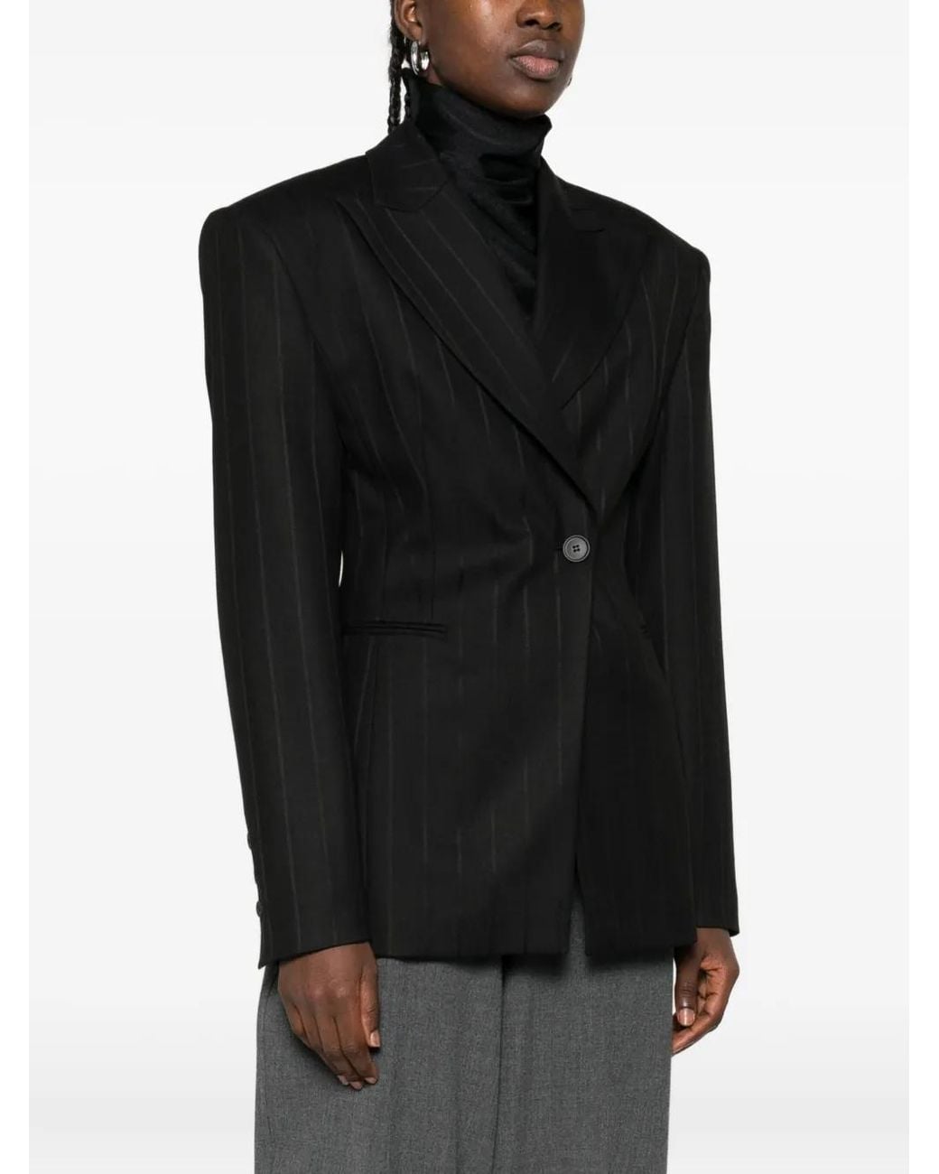 ANDAMANE Black Pinstriped Single-Breasted Blazer