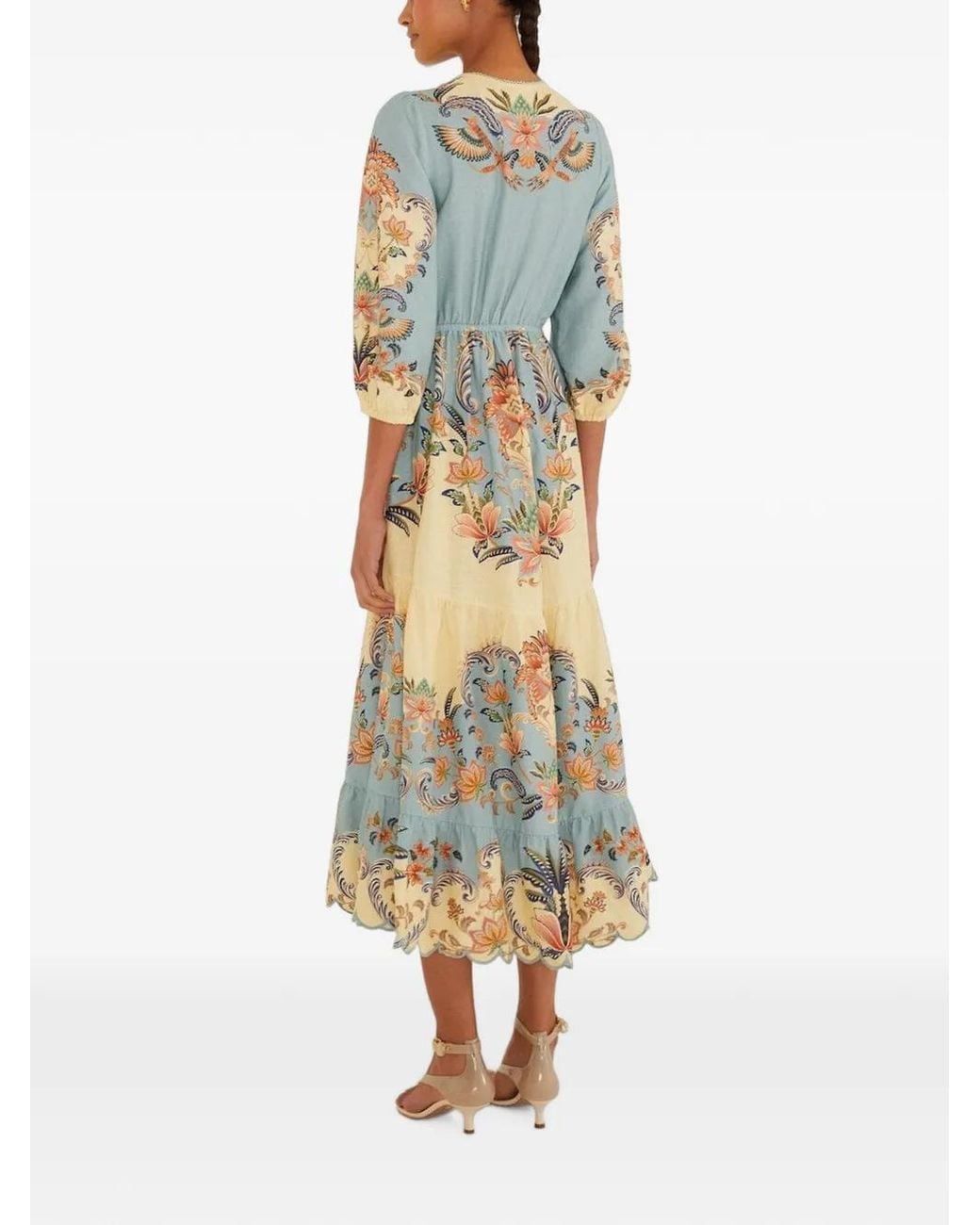 Farm Rio White V-Neck Floral-Detail Midi Dress
