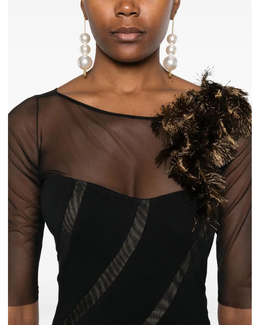 Gemy Maalouf Black Feather-Embellished Sheer-Panelled Dress