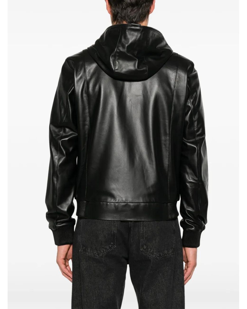 SERGIO MORETTI FIRENZE Black Hooded Leather Jacket for men