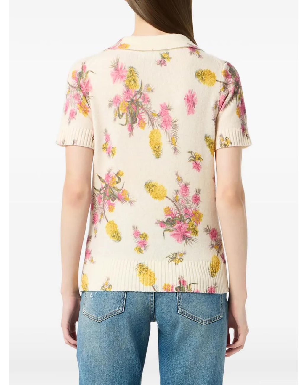 Blumarine Natural Wingtip-Collar Floral-Print Top