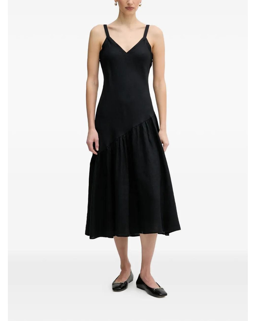 DKNY Black V-Neck Ruffled Midi Dress