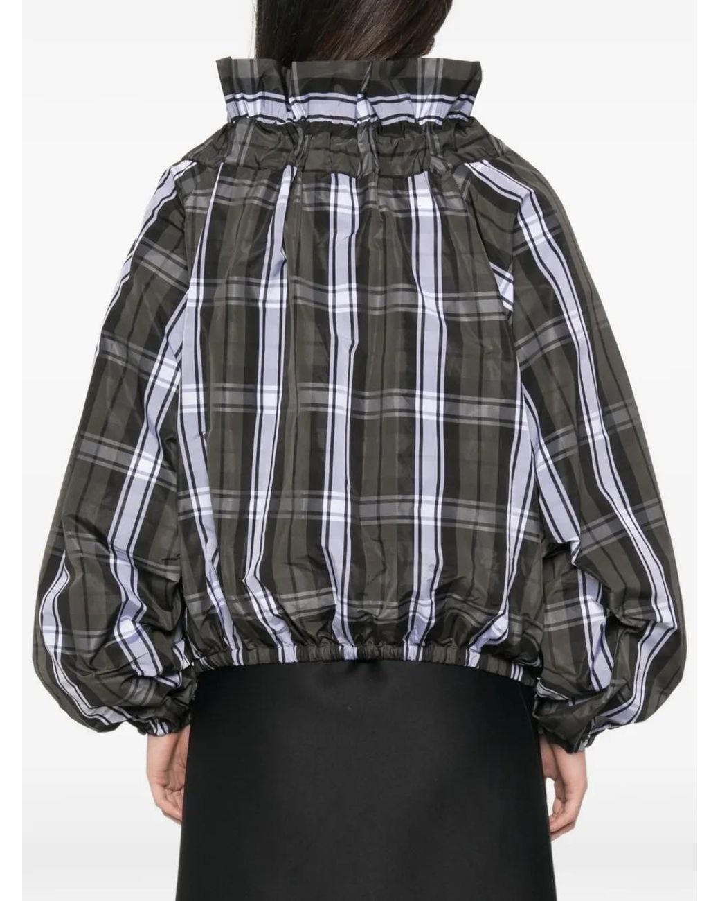 Patou Black Scoop-Neck Check Ruffled Blouse