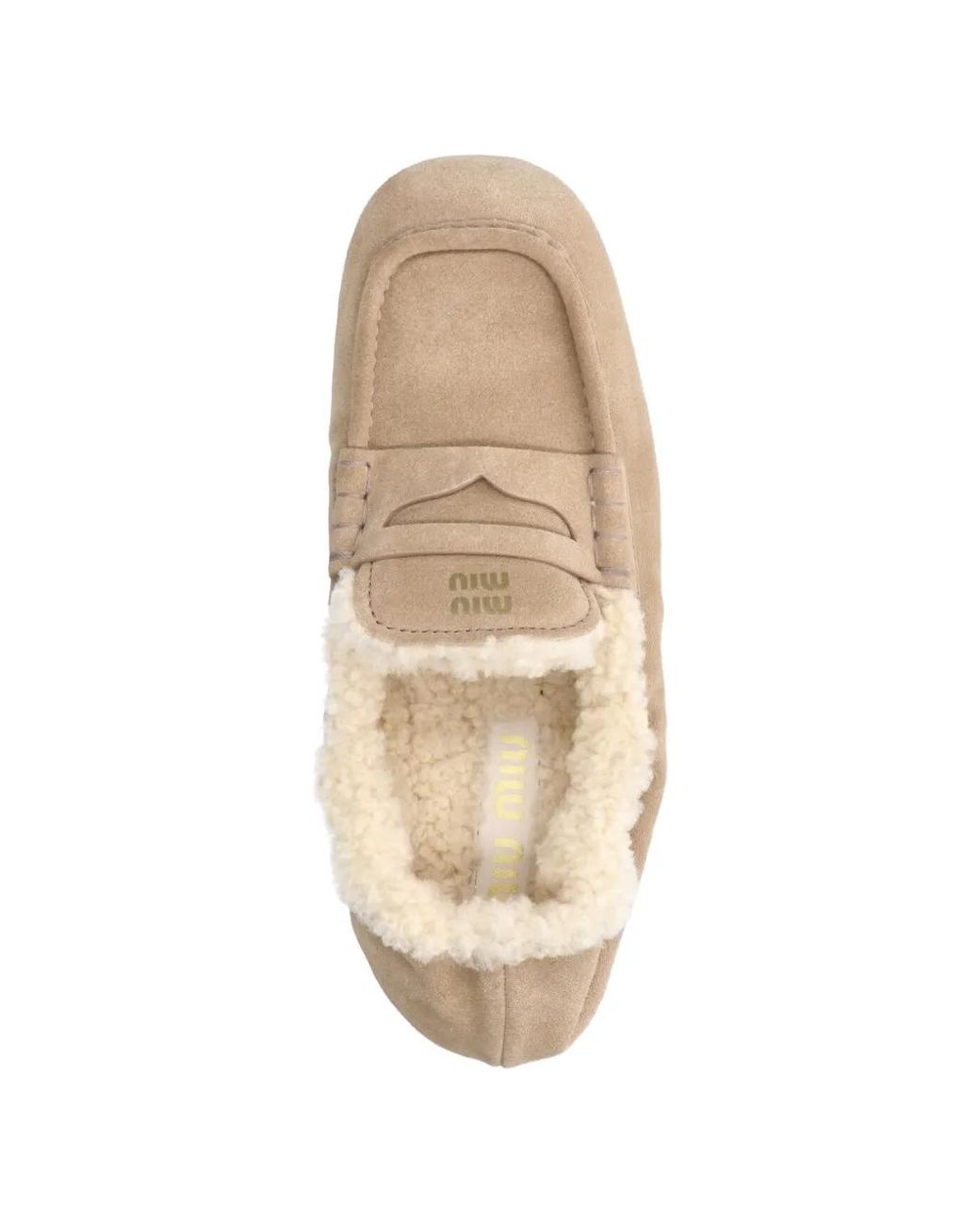 Miu Miu White Shearling-Lined Suede Loafers