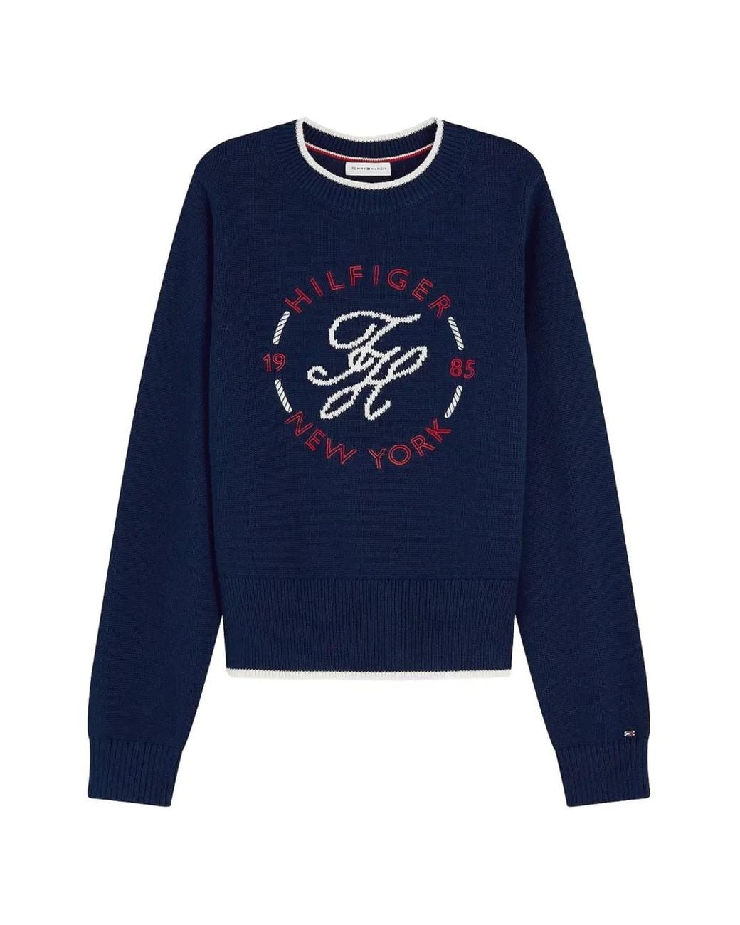 Tommy Hilfiger Blue Logo-Embroidered Contrast-Trim Sweater