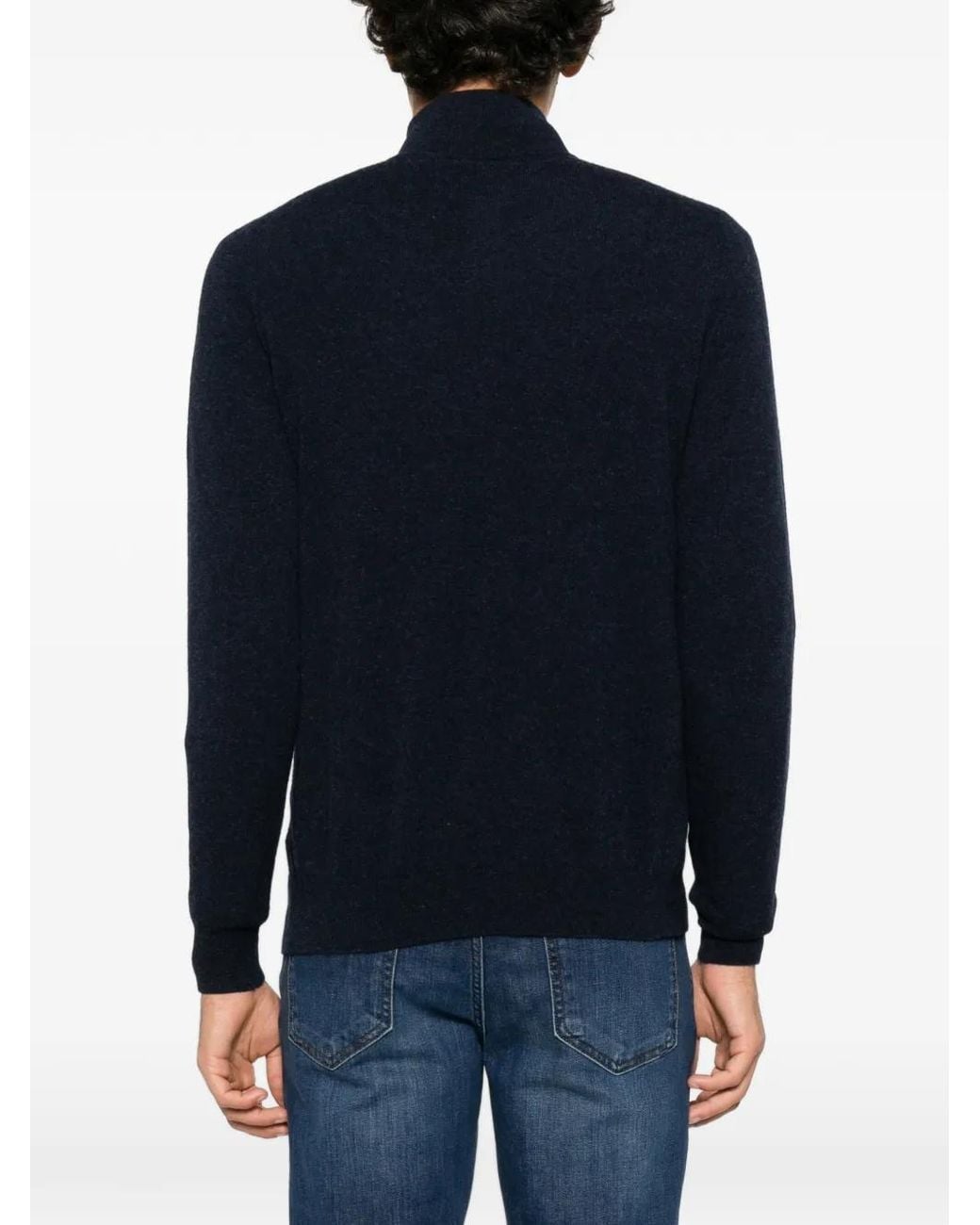 Fedeli Blue Chevron-Knit Quarter-Zip Sweater for men